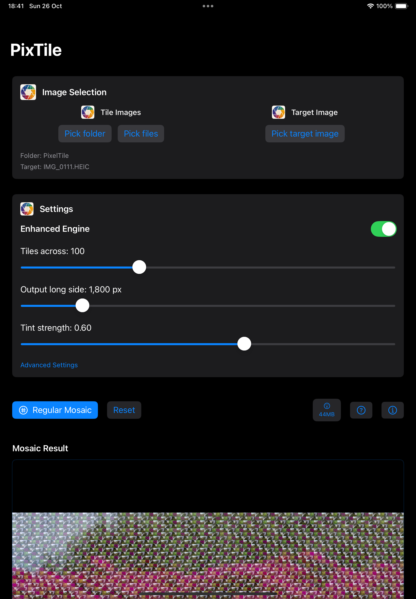 PixTile mosaic preview with detailed tiles and coverage settings